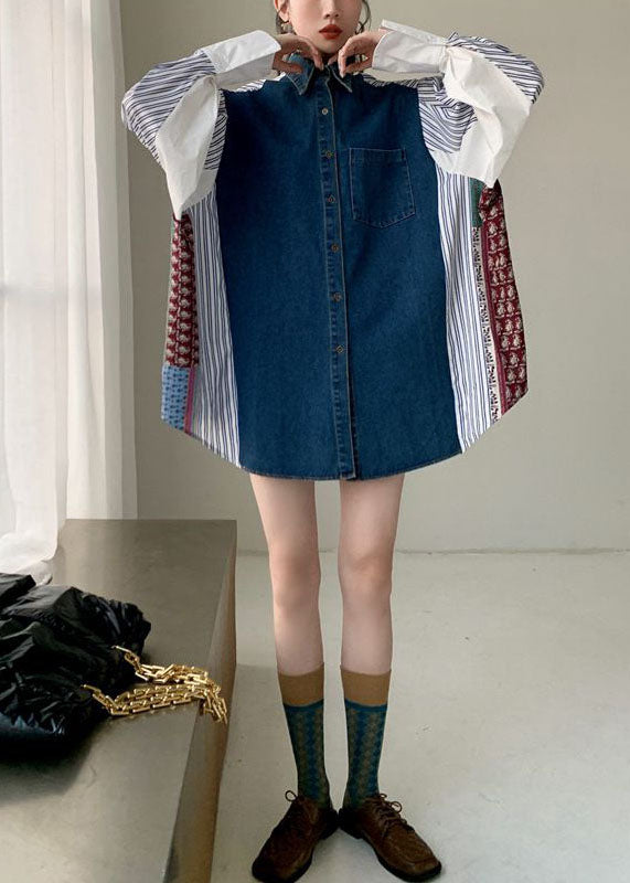 Plus Size Colorblock Denim Patchwork Striped Print Cotton Shirt Dresses Spring