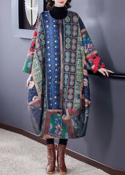 Plus Size Colorblock O-Neck Asymmetrical Print Cotton Trench Coats Fall