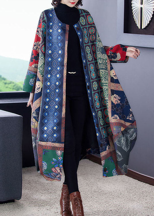 Plus Size Colorblock O-Neck Asymmetrical Print Cotton Trench Coats Fall