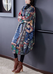 Plus Size Colorblock O-Neck Asymmetrical Print Cotton Trench Coats Fall