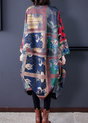 Plus Size Colorblock O-Neck Asymmetrical Print Cotton Trench Coats Fall