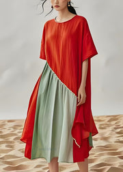 Plus Size Colorblock O Neck Patchwork Cotton Dresses Summer