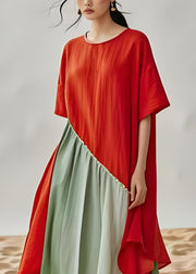 Plus Size Colorblock O Neck Patchwork Cotton Dresses Summer