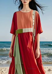 Plus Size Colorblock O Neck Patchwork Cotton Long Dresses Summer