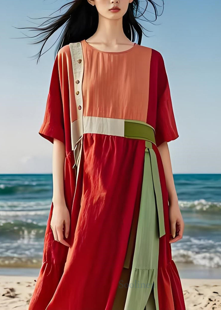 Plus Size Colorblock O Neck Patchwork Cotton Long Dresses Summer