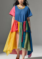 Plus Size Colorblock O Neck Wrinkled Patchwork Cotton Dresses Summer