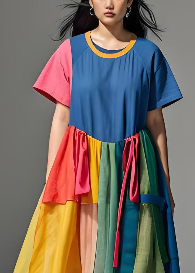 Plus Size Colorblock O Neck Wrinkled Patchwork Cotton Dresses Summer