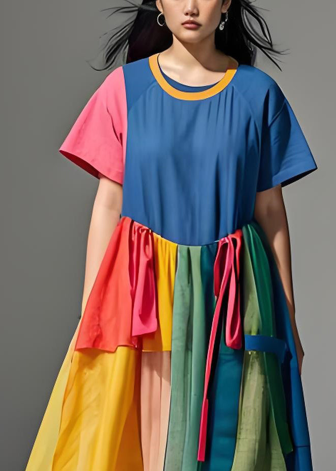 Plus Size Colorblock O Neck Wrinkled Patchwork Cotton Dresses Summer