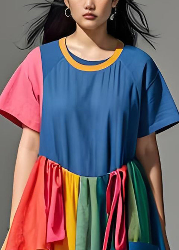 Plus Size Colorblock O Neck Wrinkled Patchwork Cotton Dresses Summer