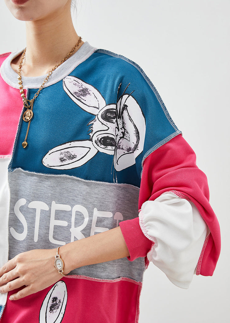 Plus Size Colorblock Oversized Patchwork Rabbit Print Cotton Sweatshirt Fall