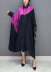 Plus Size Colorblock Peter Pan Collar Patchwork Oversized Silk Dress Batwing Sleeve