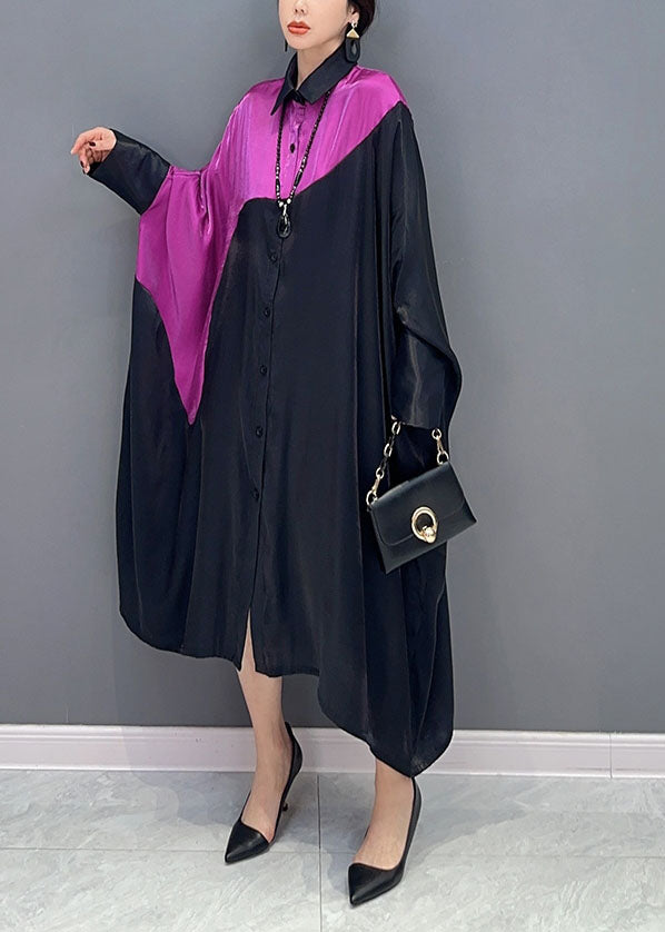 Plus Size Colorblock Peter Pan Collar Patchwork Oversized Silk Dress Batwing Sleeve