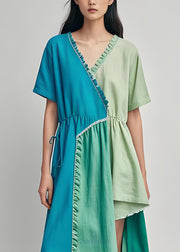 Plus Size Colorblock Ruffled Asymmetrical Patchwork Cotton Dress Summer