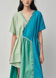 Plus Size Colorblock Ruffled Asymmetrical Patchwork Cotton Dress Summer