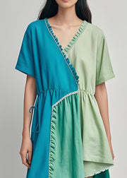 Plus Size Colorblock Ruffled Asymmetrical Patchwork Cotton Dress Summer