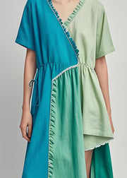 Plus Size Colorblock Ruffled Asymmetrical Patchwork Cotton Dress Summer