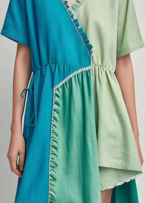 Plus Size Colorblock Ruffled Asymmetrical Patchwork Cotton Dress Summer