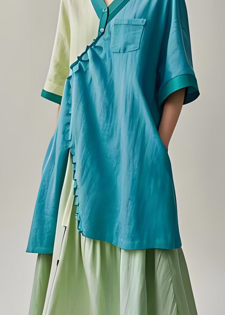 Plus Size Colorblock Ruffled Asymmetrical Patchwork Cotton Long Dress Summer