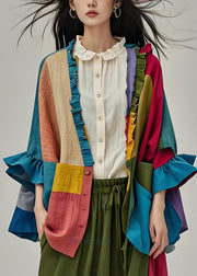 Plus Size Colorblock Ruffled Button Patchwork Cotton Cardigans Coats Fall