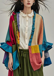 Plus Size Colorblock Ruffled Button Patchwork Cotton Cardigans Coats Fall