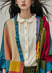 Plus Size Colorblock Ruffled Button Patchwork Cotton Cardigans Coats Fall