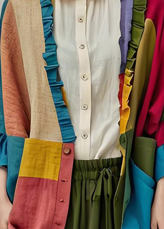 Plus Size Colorblock Ruffled Button Patchwork Cotton Cardigans Coats Fall