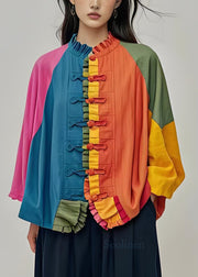 Plus Size Colorblock Ruffled Chinese Button Patchwork Cotton Coats Fall