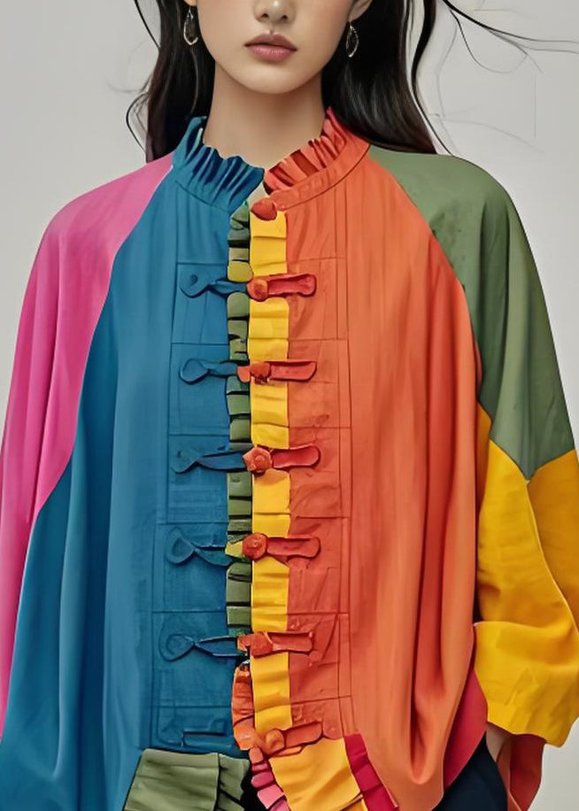 Plus Size Colorblock Ruffled Chinese Button Patchwork Cotton Coats Fall