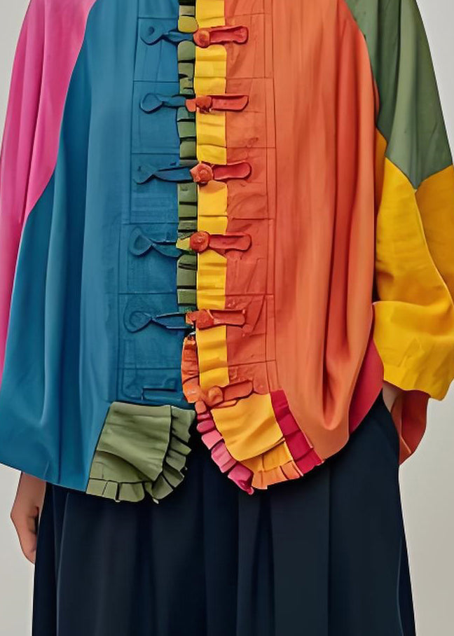 Plus Size Colorblock Ruffled Chinese Button Patchwork Cotton Coats Fall