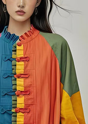 Plus Size Colorblock Ruffled Chinese Button Patchwork Cotton Coats Fall