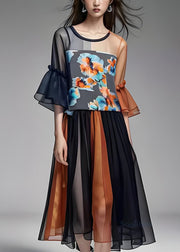 Plus Size Colorblock Ruffled Organza Patchwork Chiffon Dresses Summer