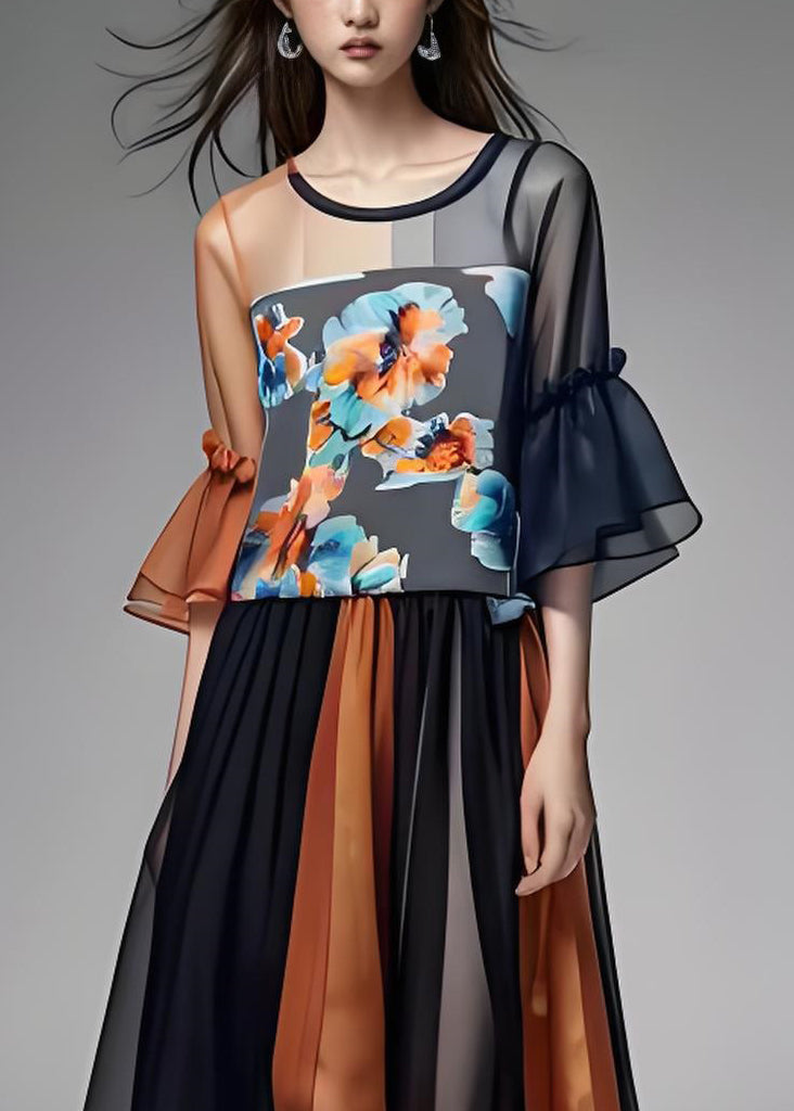 Plus Size Colorblock Ruffled Organza Patchwork Chiffon Dresses Summer