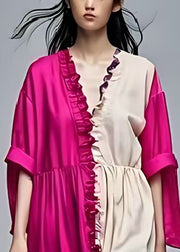 Plus Size Colorblock Ruffled Patchwork Cotton Ankle Dress Summer