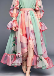 Plus Size Colorblock Ruffled Print Patchwork Chiffon Dresses Long Sleeve