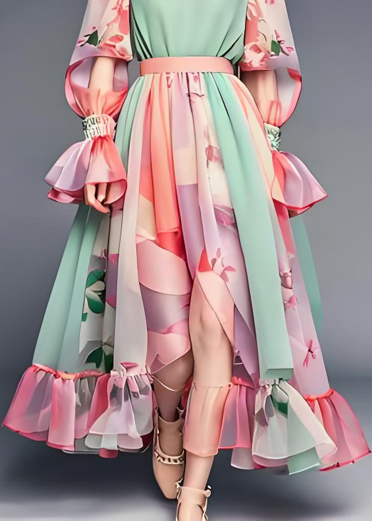 Plus Size Colorblock Ruffled Print Patchwork Chiffon Dresses Long Sleeve