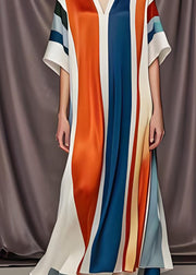 Plus Size Colorblock V Neck Patchwork Silk Maxi Dress Summer