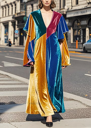 Plus Size Colorblock V Neck Patchwork Velvet Long Dress Fall