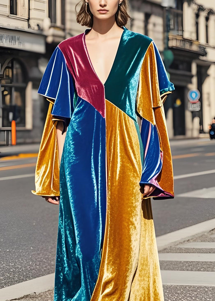 Plus Size Colorblock V Neck Patchwork Velvet Long Dress Fall