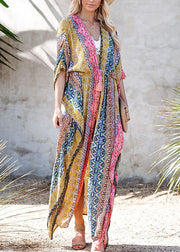 Plus Size Colorblock V-Neck Print Tie Waist Swimwear Long Beach Dress