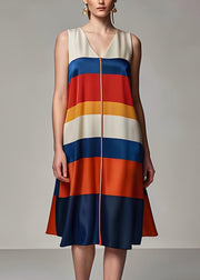 Plus Size Colorblock V Neck Striped Silk Dresses Sleeveless