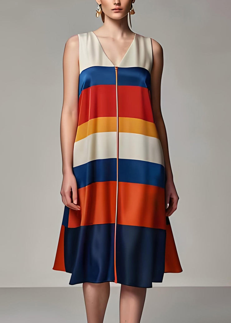 Plus Size Colorblock V Neck Striped Silk Dresses Sleeveless