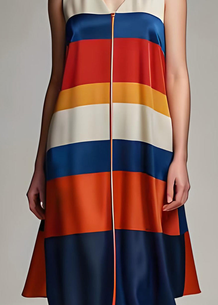 Plus Size Colorblock V Neck Striped Silk Dresses Sleeveless