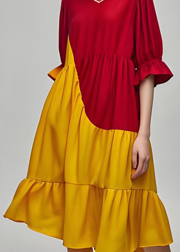 Plus Size Colorblock V Neck Wrinkled Cotton Dress Summer