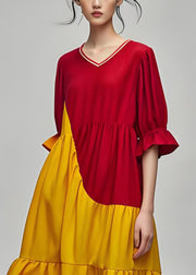 Plus Size Colorblock V Neck Wrinkled Cotton Dress Summer