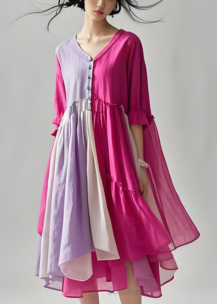 Plus Size Colorblock V Neck Wrinkled Patchwork Cotton Dresses Summer