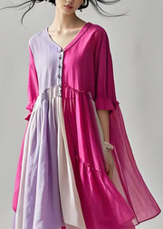 Plus Size Colorblock V Neck Wrinkled Patchwork Cotton Dresses Summer
