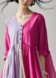 Plus Size Colorblock V Neck Wrinkled Patchwork Cotton Dresses Summer