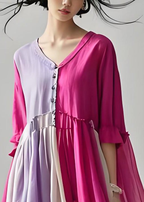 Plus Size Colorblock V Neck Wrinkled Patchwork Cotton Dresses Summer