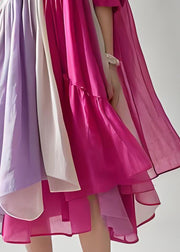 Plus Size Colorblock V Neck Wrinkled Patchwork Cotton Dresses Summer