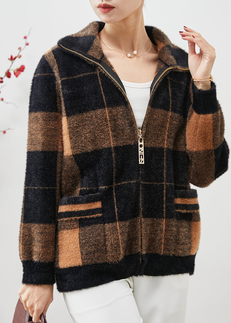 Plus Size Colorblock Zip Up Plaid Mink Velvet Coats Spring